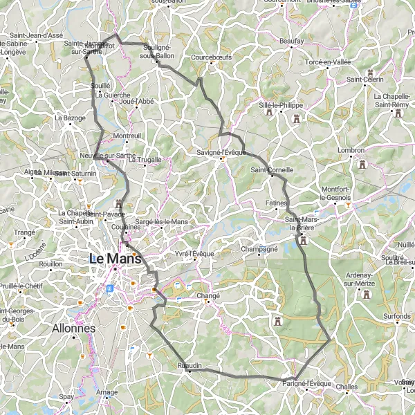 Map miniature of "Sainte-Jamme-sur-Sarthe to Neuville-sur-Sarthe Road Cycling Route" cycling inspiration in Pays de la Loire, France. Generated by Tarmacs.app cycling route planner