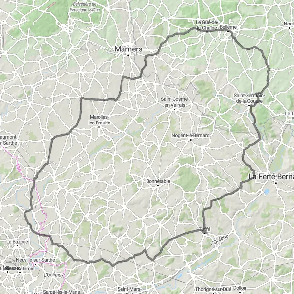 Map miniature of "Sainte-Jamme-sur-Sarthe to La Guierche Road Cycling Route" cycling inspiration in Pays de la Loire, France. Generated by Tarmacs.app cycling route planner