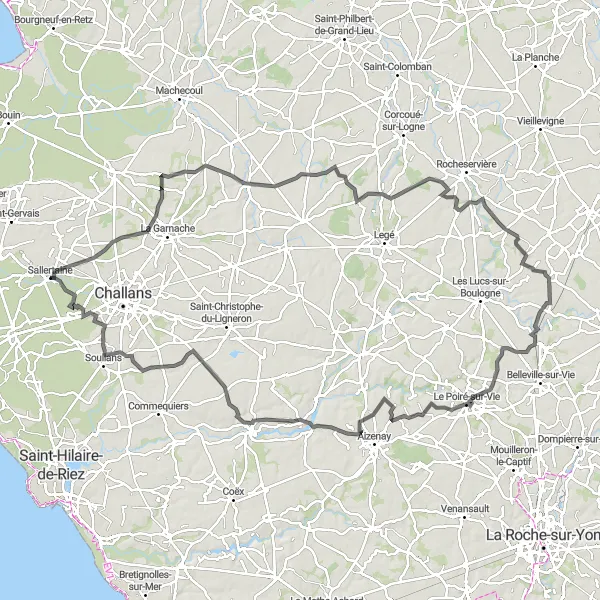 Map miniature of "Road Cycling Route - Sallertaine to Soullans via Saint-Étienne-de-Mer-Morte, Le Poiré-sur-Vie, Maché, Château d'eau d'Apremont" cycling inspiration in Pays de la Loire, France. Generated by Tarmacs.app cycling route planner