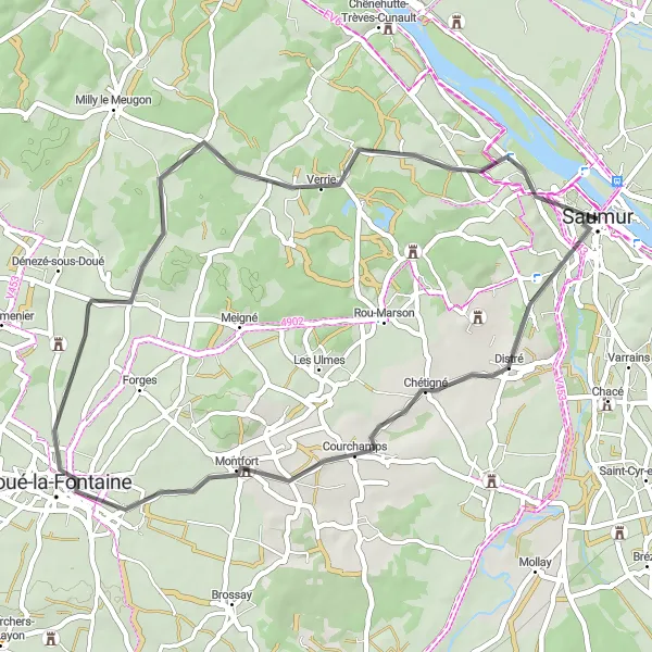 Miniature de la carte de l'inspiration cycliste "Le tour des vignobles" dans la Pays de la Loire, France. Générée par le planificateur d'itinéraire cycliste Tarmacs.app