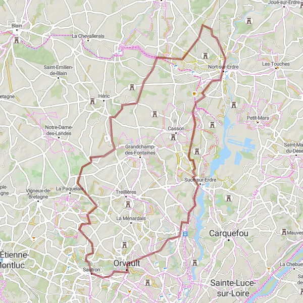 Miniature de la carte de l'inspiration cycliste "Les collines de l'Erdre" dans la Pays de la Loire, France. Générée par le planificateur d'itinéraire cycliste Tarmacs.app