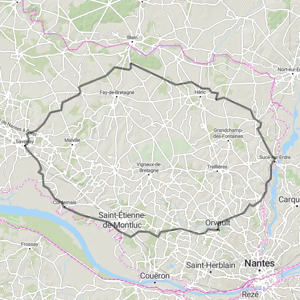 Map miniature of "Road Route: Savenay to La Chapelle-sur-Erdre" cycling inspiration in Pays de la Loire, France. Generated by Tarmacs.app cycling route planner