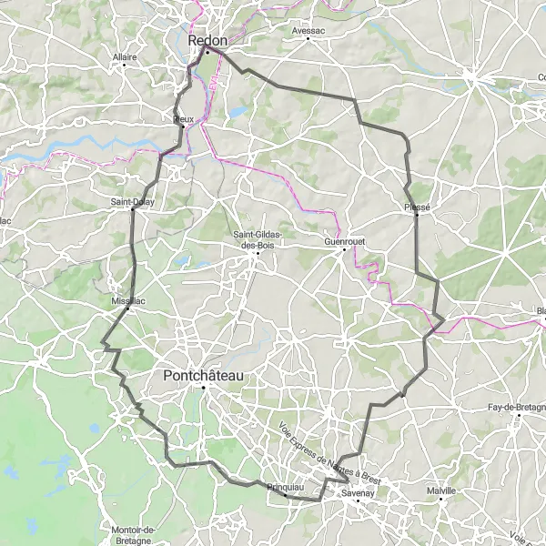 Map miniature of "Road Route: Savenay to Missillac" cycling inspiration in Pays de la Loire, France. Generated by Tarmacs.app cycling route planner