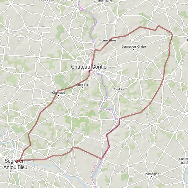 Map miniature of "Gravel Route from Segré to La Chapelle-sur-Oudon" cycling inspiration in Pays de la Loire, France. Generated by Tarmacs.app cycling route planner