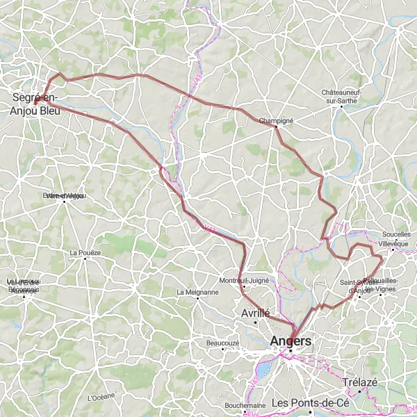 Map miniature of "Gravel Route from Le Rocher to La Chapelle-sur-Oudon" cycling inspiration in Pays de la Loire, France. Generated by Tarmacs.app cycling route planner