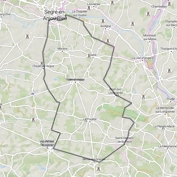 Map miniature of "Road Route from Le Rocher to Sainte-Gemmes-d'Andigné" cycling inspiration in Pays de la Loire, France. Generated by Tarmacs.app cycling route planner