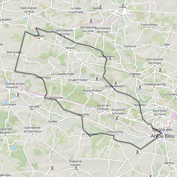 Map miniature of "Road Route from Segré to Le Rocher" cycling inspiration in Pays de la Loire, France. Generated by Tarmacs.app cycling route planner