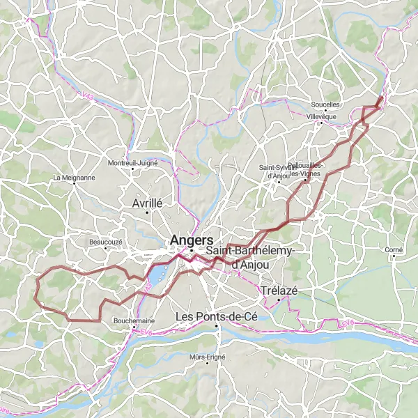 Map miniature of "Gravel Adventure through Corzé and Saint-Jean-de-Linières" cycling inspiration in Pays de la Loire, France. Generated by Tarmacs.app cycling route planner