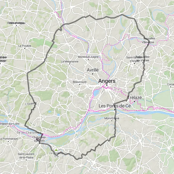 Miniature de la carte de l'inspiration cycliste "Parcours Sportif en Anjou" dans la Pays de la Loire, France. Générée par le planificateur d'itinéraire cycliste Tarmacs.app