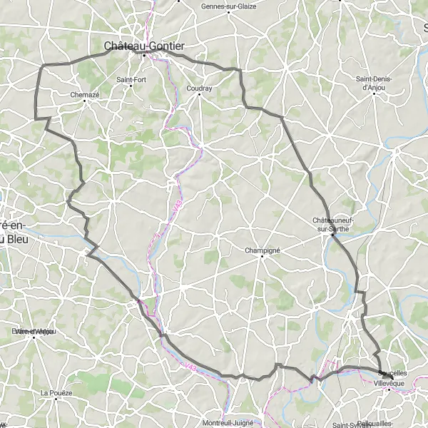 Miniature de la carte de l'inspiration cycliste "Parcours des Châteaux de la Sarthe" dans la Pays de la Loire, France. Générée par le planificateur d'itinéraire cycliste Tarmacs.app