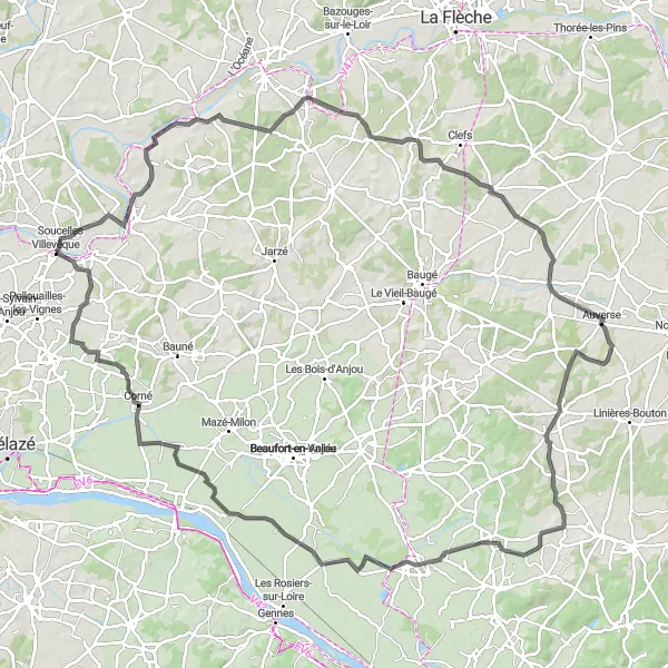 Miniature de la carte de l'inspiration cycliste "Tour des Villages Authentiques" dans la Pays de la Loire, France. Générée par le planificateur d'itinéraire cycliste Tarmacs.app