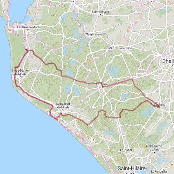 Miniature de la carte de l'inspiration cycliste "Les Marais de Soullans Gravel Adventure" dans la Pays de la Loire, France. Générée par le planificateur d'itinéraire cycliste Tarmacs.app