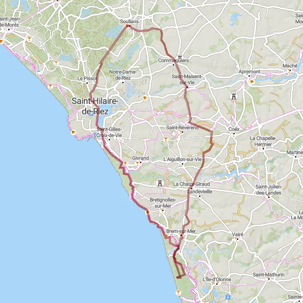 Miniature de la carte de l'inspiration cycliste "Tour des Dunes" dans la Pays de la Loire, France. Générée par le planificateur d'itinéraire cycliste Tarmacs.app