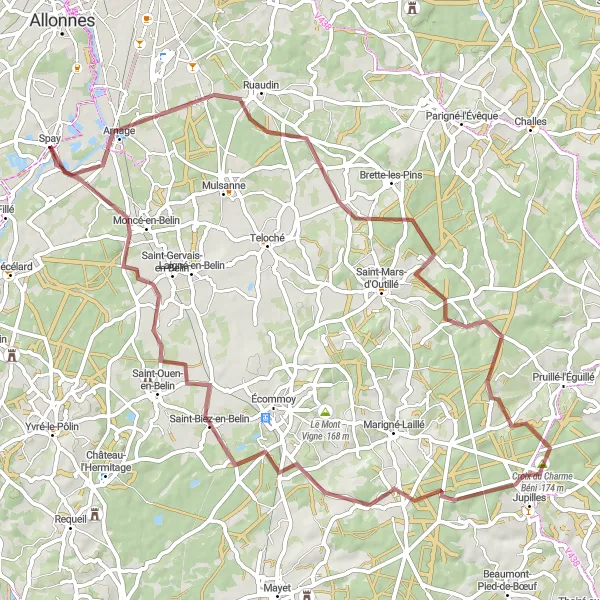 Map miniature of "The Ruaudin and Moncé-en-Belin Adventure" cycling inspiration in Pays de la Loire, France. Generated by Tarmacs.app cycling route planner