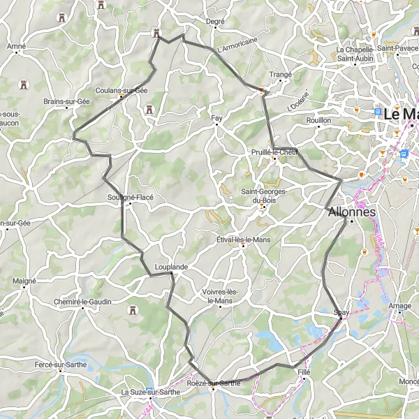 Map miniature of "The Louplande and Allonnes Loop" cycling inspiration in Pays de la Loire, France. Generated by Tarmacs.app cycling route planner