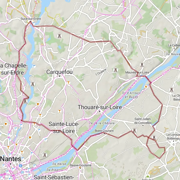 Map miniature of "Gravel Adventure: Sucé-sur-Erdre to La Haix Roux" cycling inspiration in Pays de la Loire, France. Generated by Tarmacs.app cycling route planner