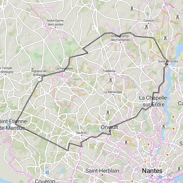 Miniature de la carte de l'inspiration cycliste "Circuit des Villages de l'Erdre" dans la Pays de la Loire, France. Générée par le planificateur d'itinéraire cycliste Tarmacs.app