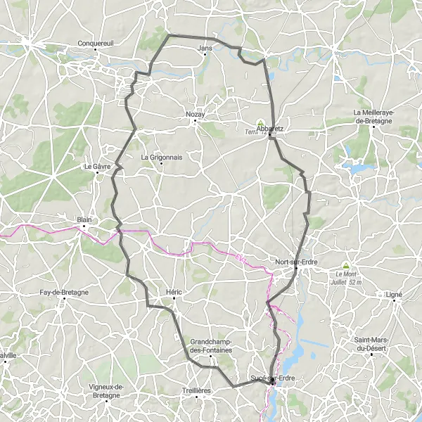 Map miniature of "Nort-sur-Erdre Adventure" cycling inspiration in Pays de la Loire, France. Generated by Tarmacs.app cycling route planner