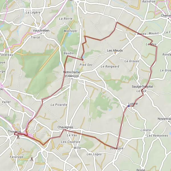 Map miniature of "Gravel Ride to Saulgé-l'Hôpital and Chavagnes" cycling inspiration in Pays de la Loire, France. Generated by Tarmacs.app cycling route planner