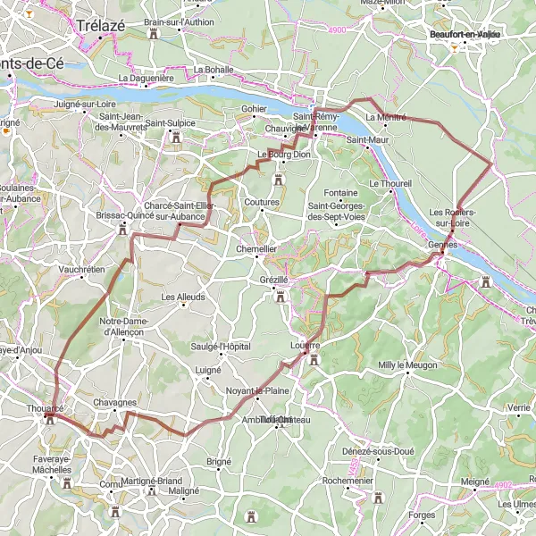 Map miniature of "Thouarcé to Les Rosiers-sur-Loire Gravel Cycling Route" cycling inspiration in Pays de la Loire, France. Generated by Tarmacs.app cycling route planner