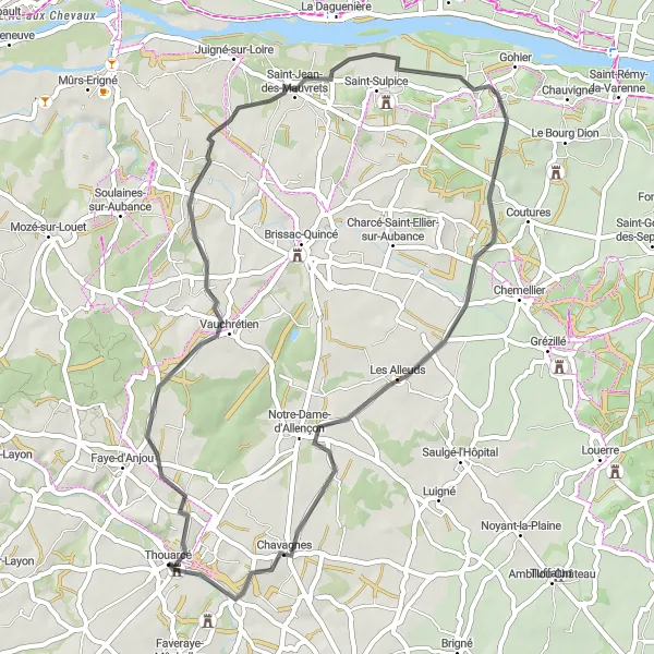 Map miniature of "Picturesque Road Cycling Route to Blaison-Gohier and Saint-Jean-des-Mauvrets" cycling inspiration in Pays de la Loire, France. Generated by Tarmacs.app cycling route planner