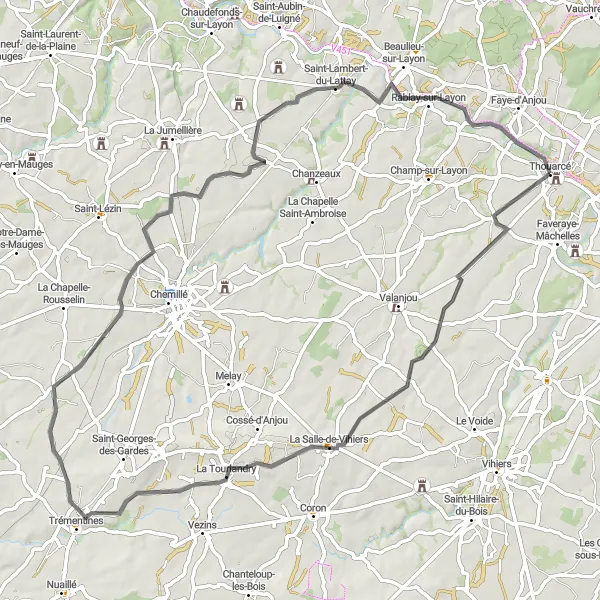 Map miniature of "Thouarcé to Rablay-sur-Layon Road Cycling Route" cycling inspiration in Pays de la Loire, France. Generated by Tarmacs.app cycling route planner