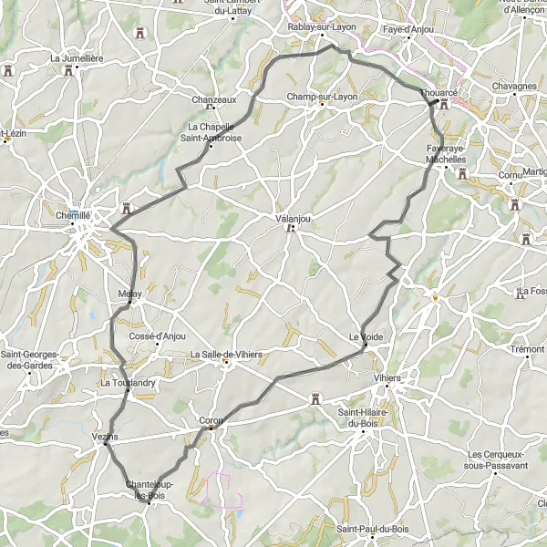 Map miniature of "Road Cycling Adventure to Rablay-sur-Layon and Château de la Sorinière" cycling inspiration in Pays de la Loire, France. Generated by Tarmacs.app cycling route planner
