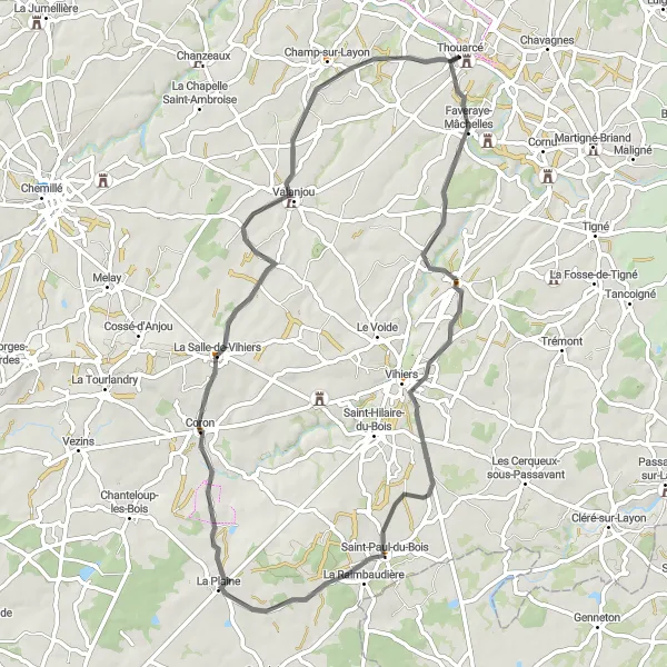 Map miniature of "Scenic Road Cycling Route with Montilliers and Château de Gonnord" cycling inspiration in Pays de la Loire, France. Generated by Tarmacs.app cycling route planner