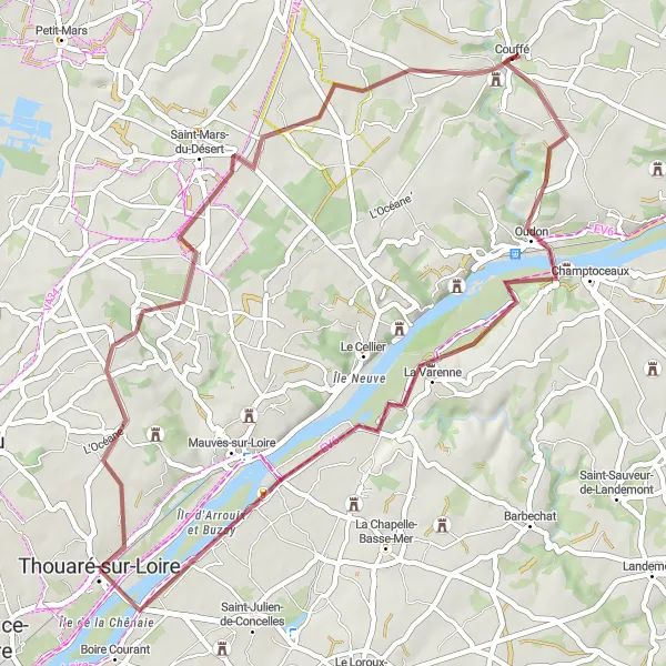 Map miniature of "Châteaux and Countryside Gravel Ride" cycling inspiration in Pays de la Loire, France. Generated by Tarmacs.app cycling route planner