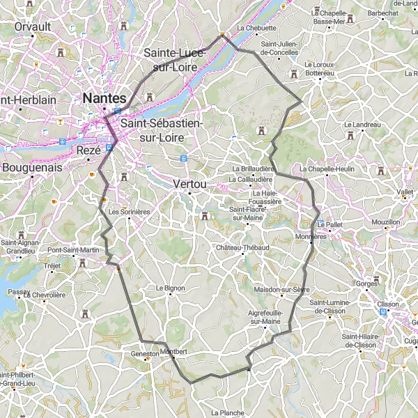 Map miniature of "Road Route: Thouaré-sur-Loire Adventure" cycling inspiration in Pays de la Loire, France. Generated by Tarmacs.app cycling route planner