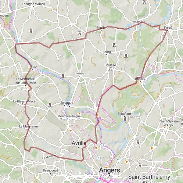 Miniature de la carte de l'inspiration cycliste "Les Vallées et les Vignobles" dans la Pays de la Loire, France. Générée par le planificateur d'itinéraire cycliste Tarmacs.app