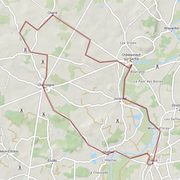 Miniature de la carte de l'inspiration cycliste "Champigné et Cherré en Gravel" dans la Pays de la Loire, France. Générée par le planificateur d'itinéraire cycliste Tarmacs.app