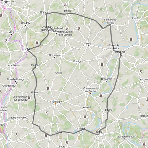 Miniature de la carte de l'inspiration cycliste "Les Charmes de l'Anjou en Route" dans la Pays de la Loire, France. Générée par le planificateur d'itinéraire cycliste Tarmacs.app