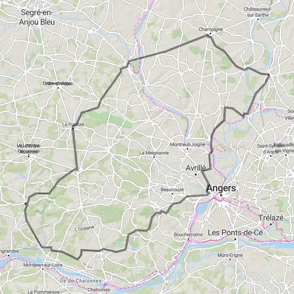 Miniature de la carte de l'inspiration cycliste "Les Trésors de la Loire en Route" dans la Pays de la Loire, France. Générée par le planificateur d'itinéraire cycliste Tarmacs.app
