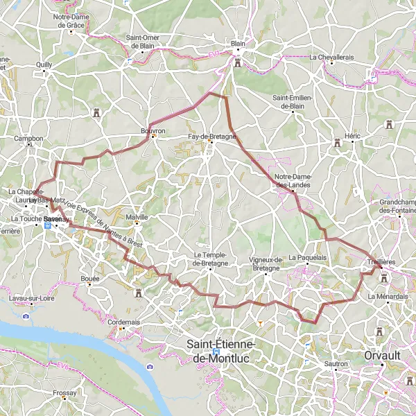 Map miniature of "Gravel Route - Savenay Loop" cycling inspiration in Pays de la Loire, France. Generated by Tarmacs.app cycling route planner