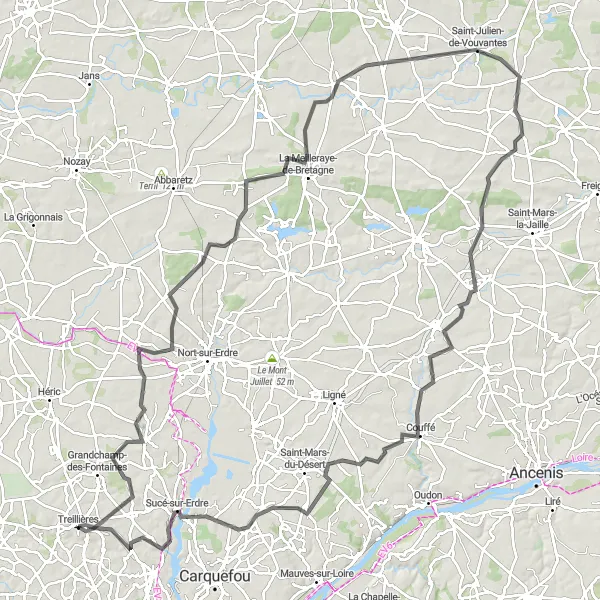 Miniature de la carte de l'inspiration cycliste "Parcours de 131 km vers Casson et Pannecé" dans la Pays de la Loire, France. Générée par le planificateur d'itinéraire cycliste Tarmacs.app