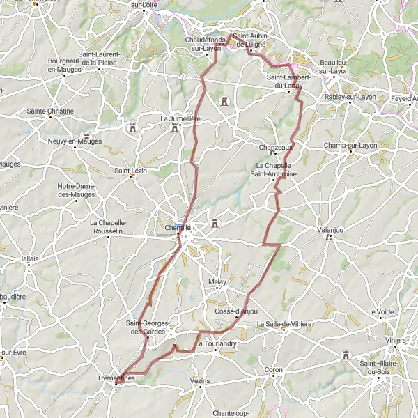 Miniature de la carte de l'inspiration cycliste "Parcours gravel de 69 km autour de Trémentines" dans la Pays de la Loire, France. Générée par le planificateur d'itinéraire cycliste Tarmacs.app