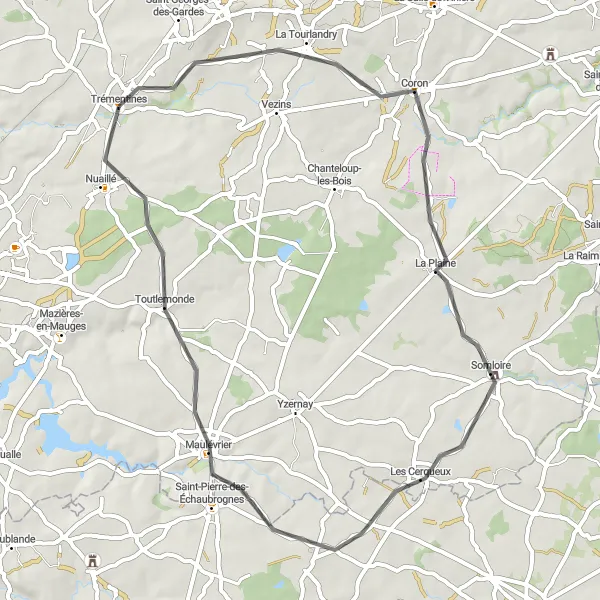 Map miniature of "Road Cycling in Trémentines and Surroundings" cycling inspiration in Pays de la Loire, France. Generated by Tarmacs.app cycling route planner