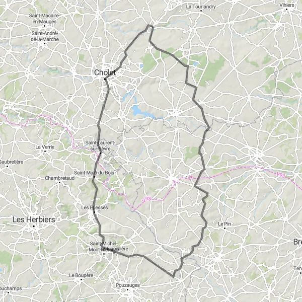 Miniature de la carte de l'inspiration cycliste "Boucle à vélo de 98 km à partir de Trémentines" dans la Pays de la Loire, France. Générée par le planificateur d'itinéraire cycliste Tarmacs.app