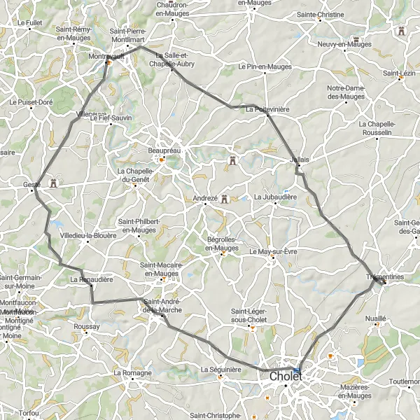 Miniature de la carte de l'inspiration cycliste "Itinéraire cycliste de 77 km près de Trémentines" dans la Pays de la Loire, France. Générée par le planificateur d'itinéraire cycliste Tarmacs.app