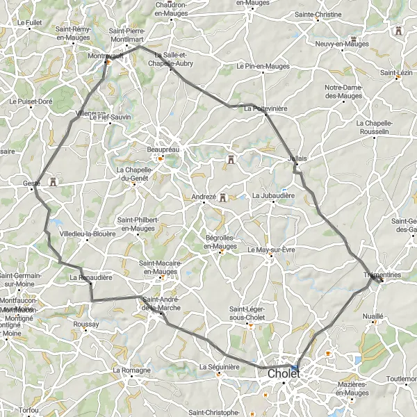 Map miniature of "The Valley and Historic Towns Circuit" cycling inspiration in Pays de la Loire, France. Generated by Tarmacs.app cycling route planner