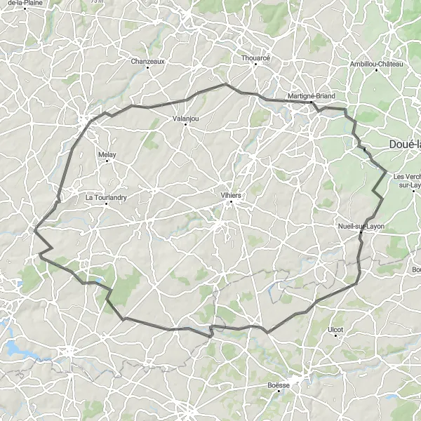 Miniature de la carte de l'inspiration cycliste "Escapade en Anjou" dans la Pays de la Loire, France. Générée par le planificateur d'itinéraire cycliste Tarmacs.app