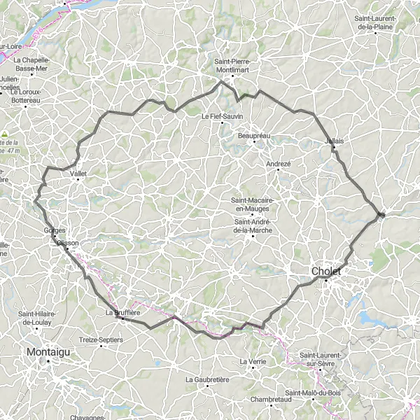 Map miniature of "Cholet and Beyond" cycling inspiration in Pays de la Loire, France. Generated by Tarmacs.app cycling route planner