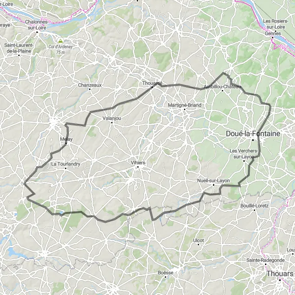 Miniature de la carte de l'inspiration cycliste "Tour à vélo de 124 km dans la région de Trémentines" dans la Pays de la Loire, France. Générée par le planificateur d'itinéraire cycliste Tarmacs.app