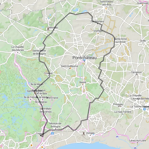 Miniature de la carte de l'inspiration cycliste "Parcours vallonné de Brière" dans la Pays de la Loire, France. Générée par le planificateur d'itinéraire cycliste Tarmacs.app