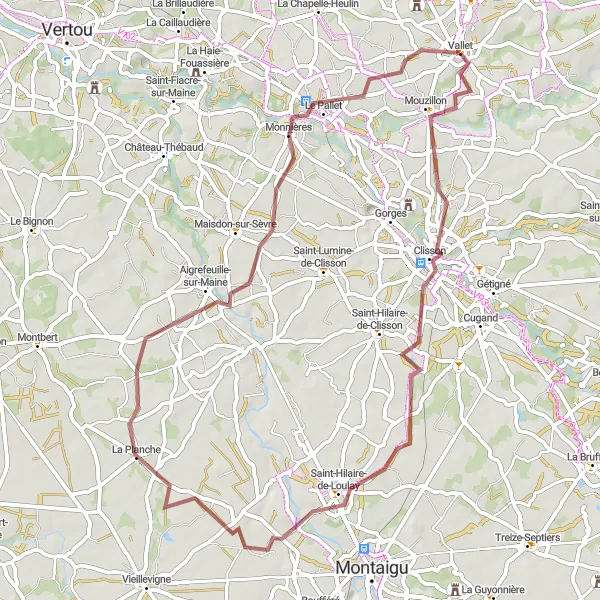 Miniature de la carte de l'inspiration cycliste "Boucle gravel entre Clisson et Vallet" dans la Pays de la Loire, France. Générée par le planificateur d'itinéraire cycliste Tarmacs.app