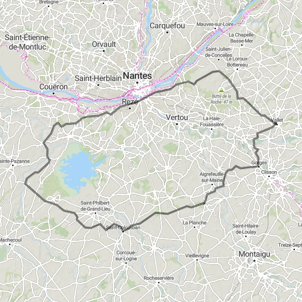Miniature de la carte de l'inspiration cycliste "Tour de la Loire-Atlantique" dans la Pays de la Loire, France. Générée par le planificateur d'itinéraire cycliste Tarmacs.app