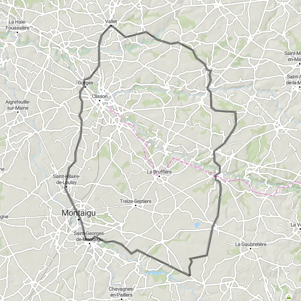Miniature de la carte de l'inspiration cycliste "Itinéraire Route Tillières - Mouzillon" dans la Pays de la Loire, France. Générée par le planificateur d'itinéraire cycliste Tarmacs.app
