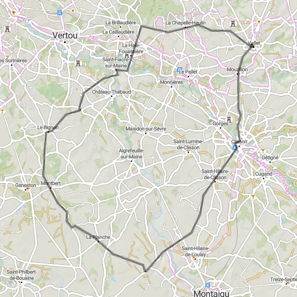 Miniature de la carte de l'inspiration cycliste "Boucle entre Clisson et la Loire" dans la Pays de la Loire, France. Générée par le planificateur d'itinéraire cycliste Tarmacs.app