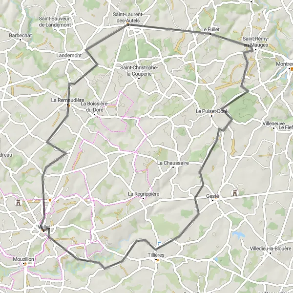 Map miniature of "Rolling Hills and Charming Villages" cycling inspiration in Pays de la Loire, France. Generated by Tarmacs.app cycling route planner